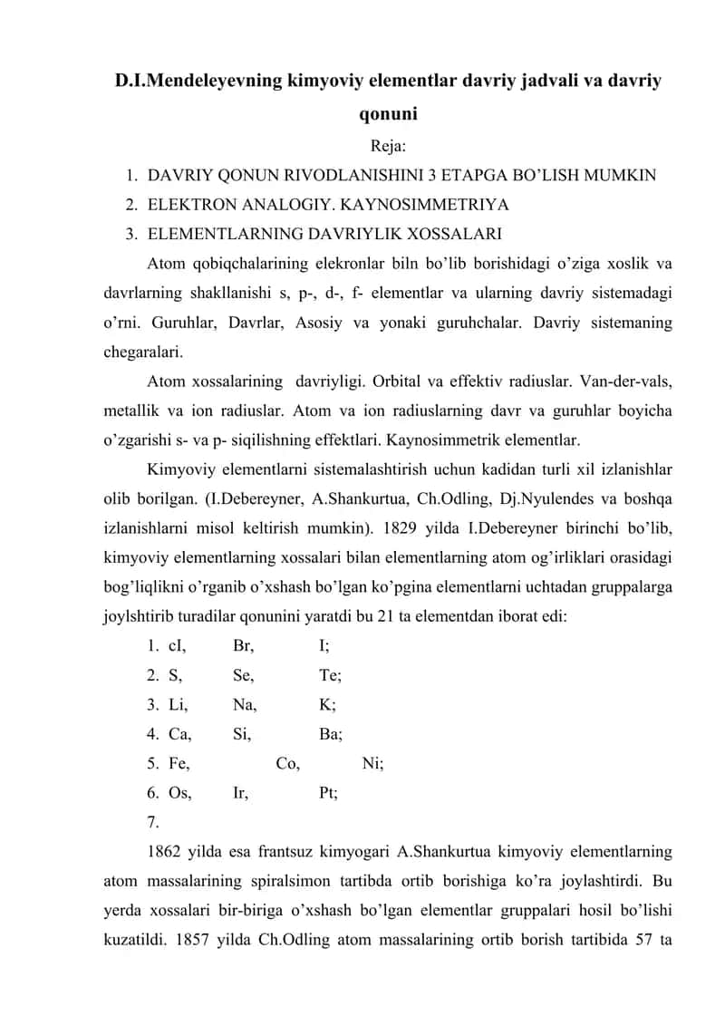 D.I.Mendeleyevning kimyoviy elementlar davriy jadvali va davriy qonuni
