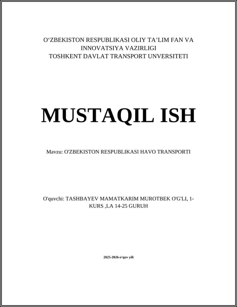 O'ZBEKISTON RESPUBLIKASI HAVO TRANSPORTI