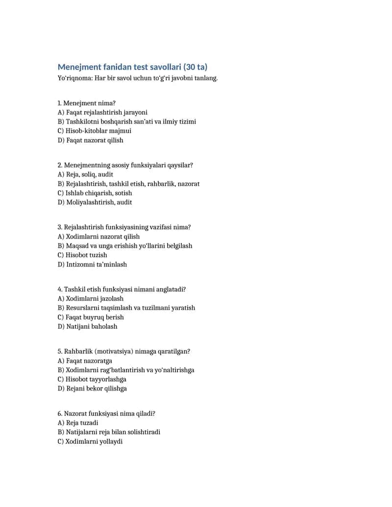 Menejment fanidan test savollari (30 ta)