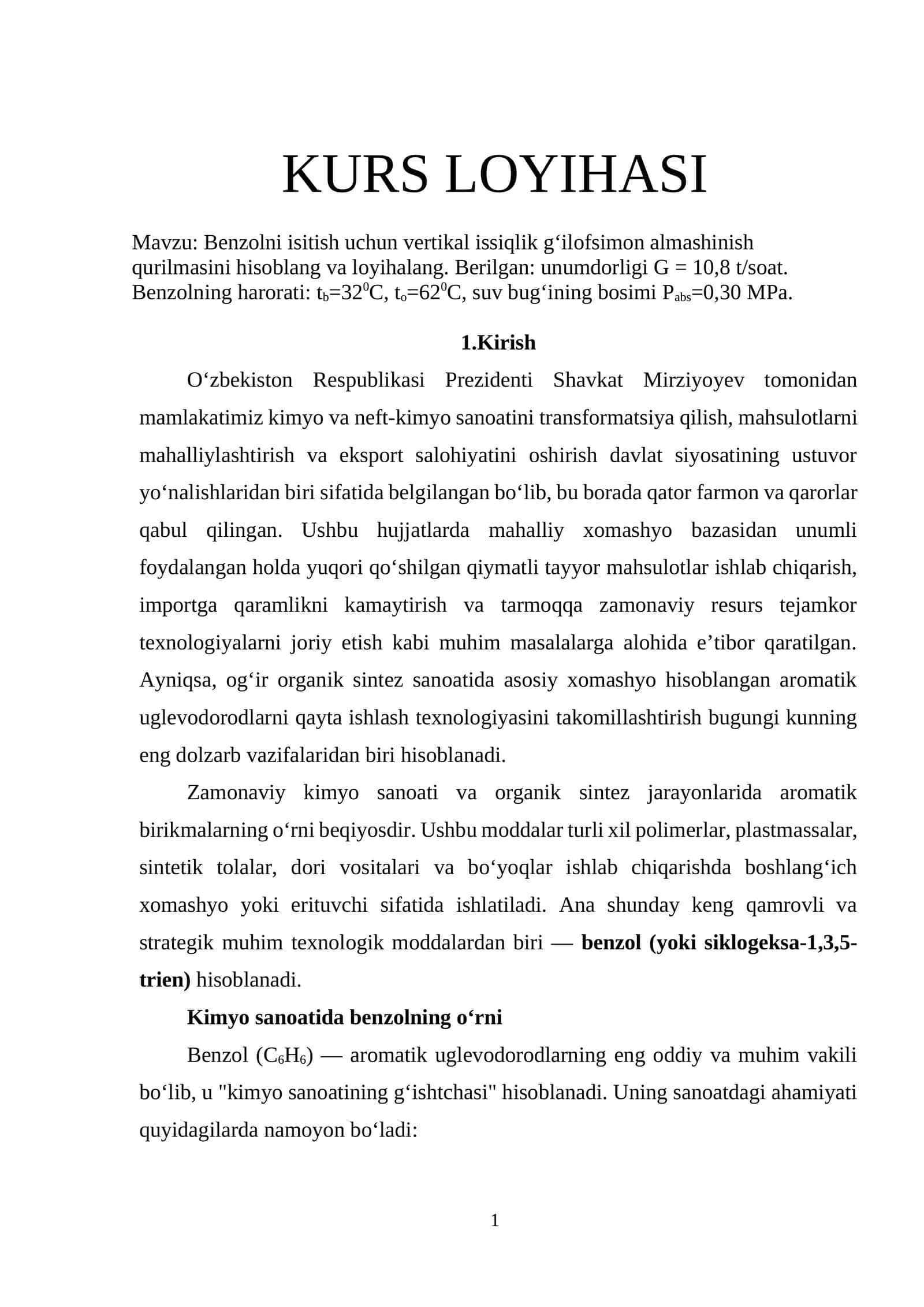 Benzolni isitish uchun vertikal issiqlik g‘ilofsimon almashinish qurilmasini hisoblang va loyihalang