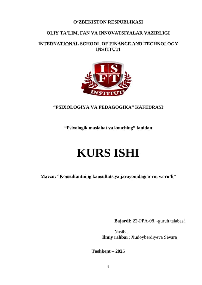 Konsultantning kansultatsiya jarayonidagi o’rni va ro’li