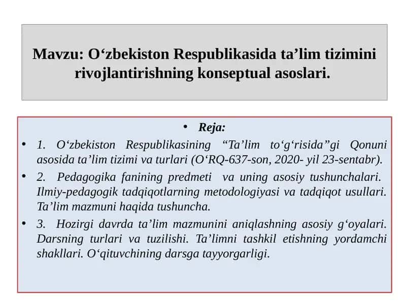 Oʻzbekiston Respublikasida taʼlim tizimini rivojlantirishning konseptual asoslari