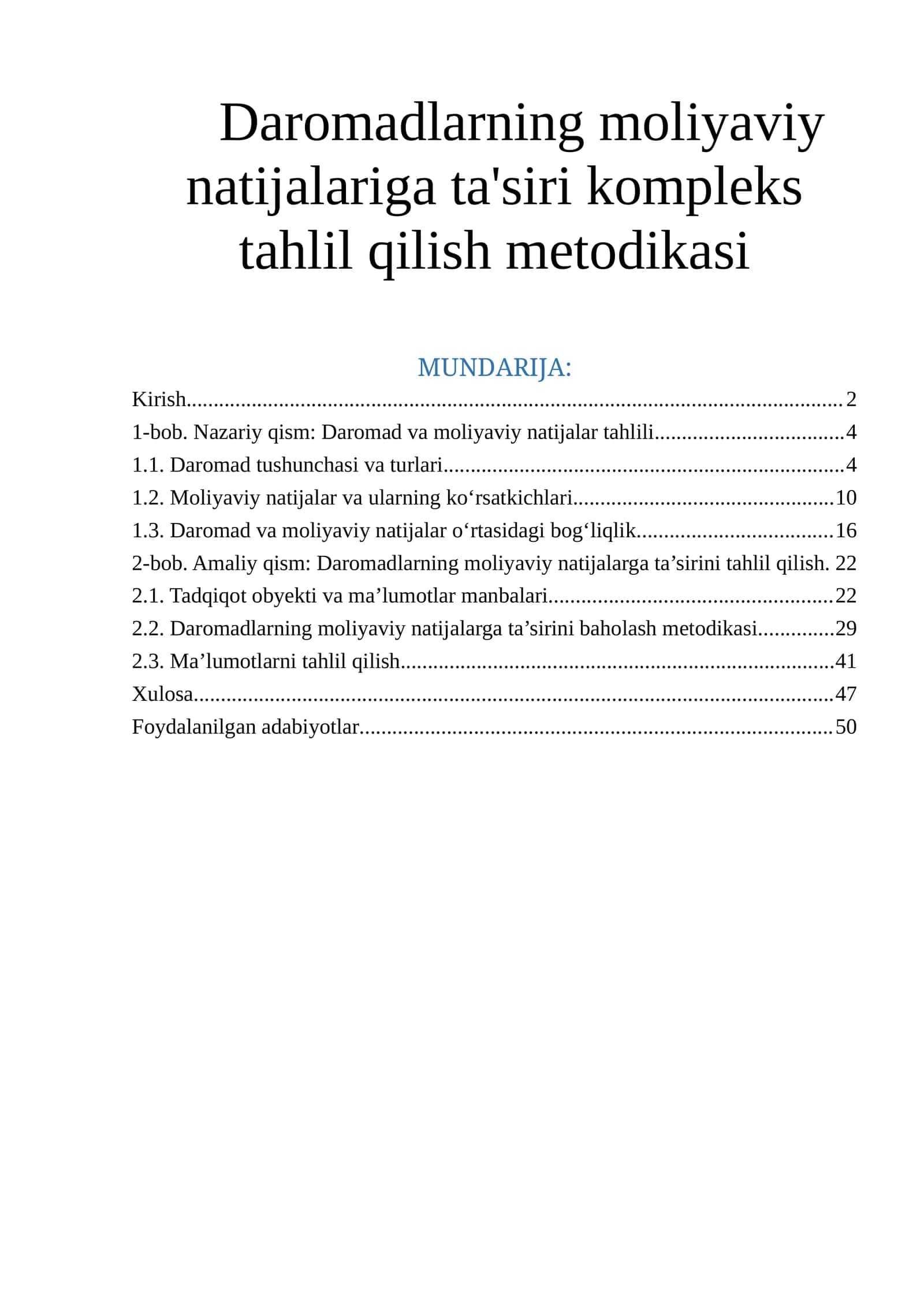 Daromadlarning moliyaviy natijalariga ta'siri kompleks tahlil qilish metodikasi