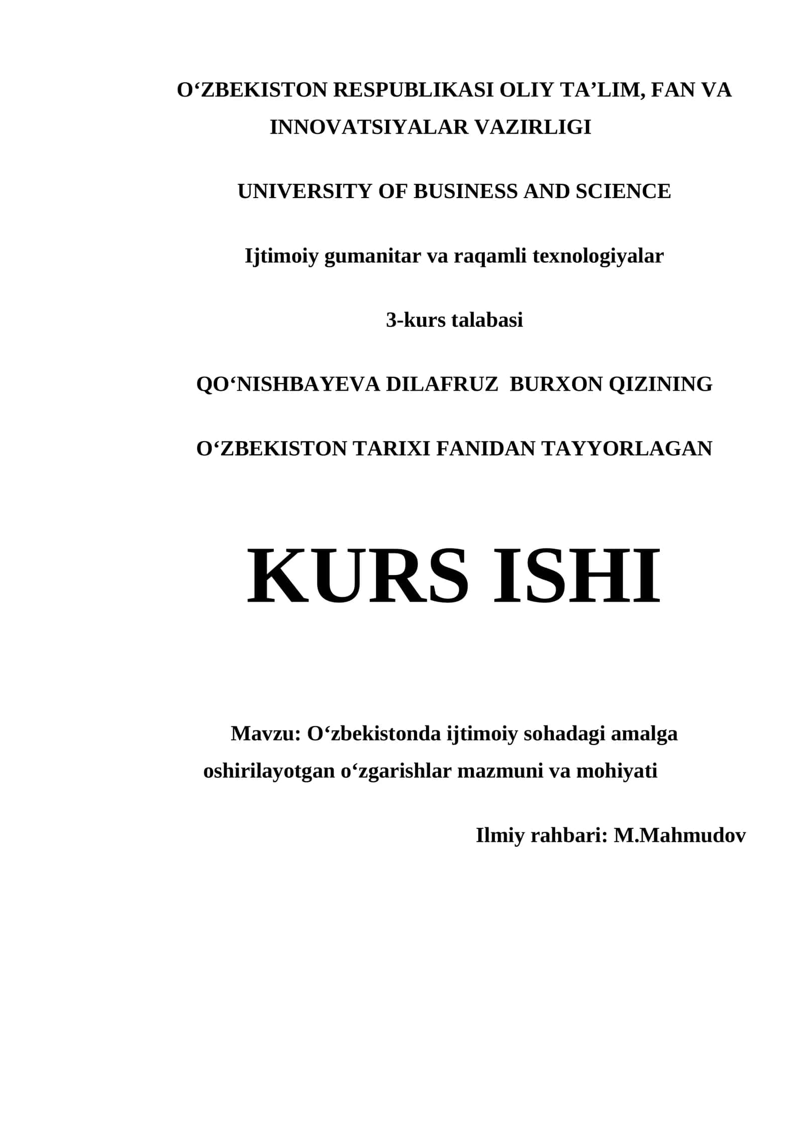 Oʻzbekistonda ijtimoiy sohadagi amalga oshirilayotgan oʻzgarishlar mazmuni va mohiyati