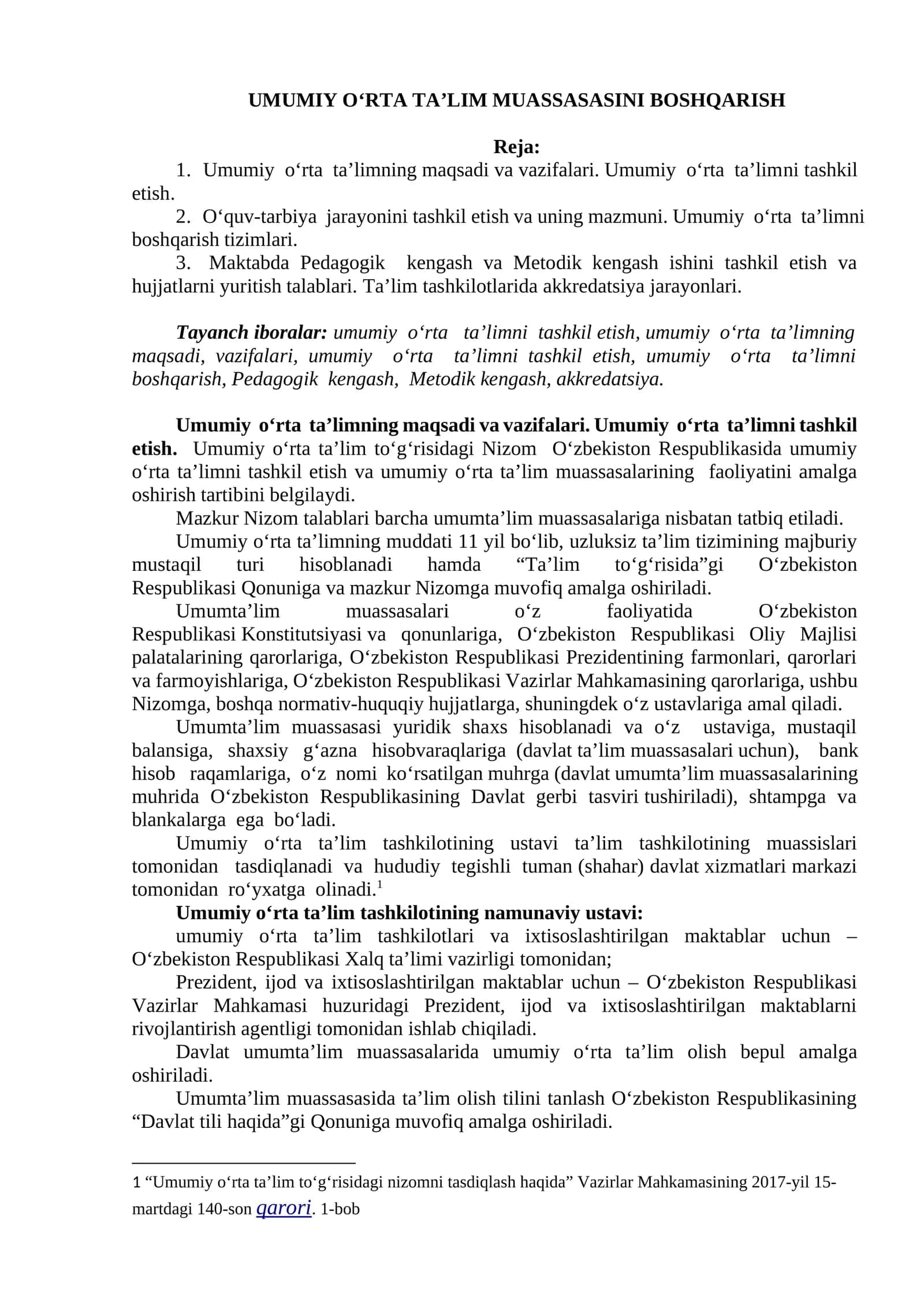 Umumiy O‘rta Ta’lim Muassasasini Boshqarish