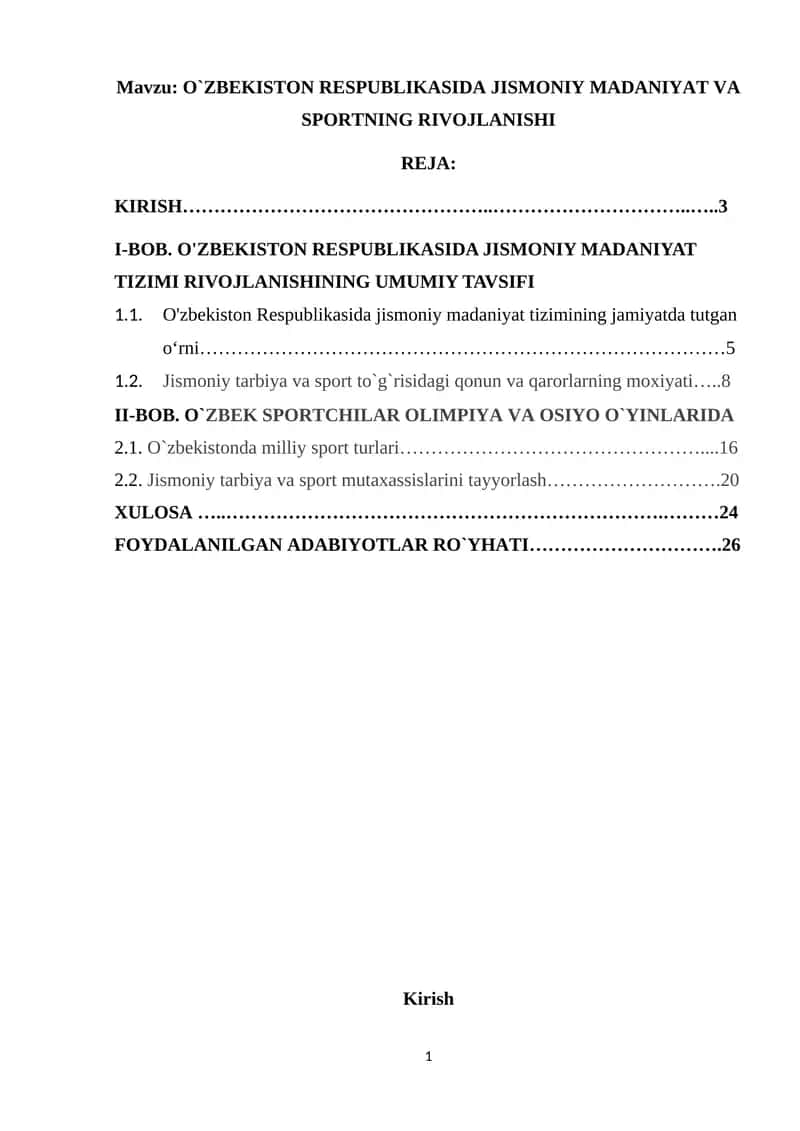 O`ZBEKISTON RESPUBLIKASIDA JISMONIY MADANIYAT VA SPORTNING RIVOJLANISHI