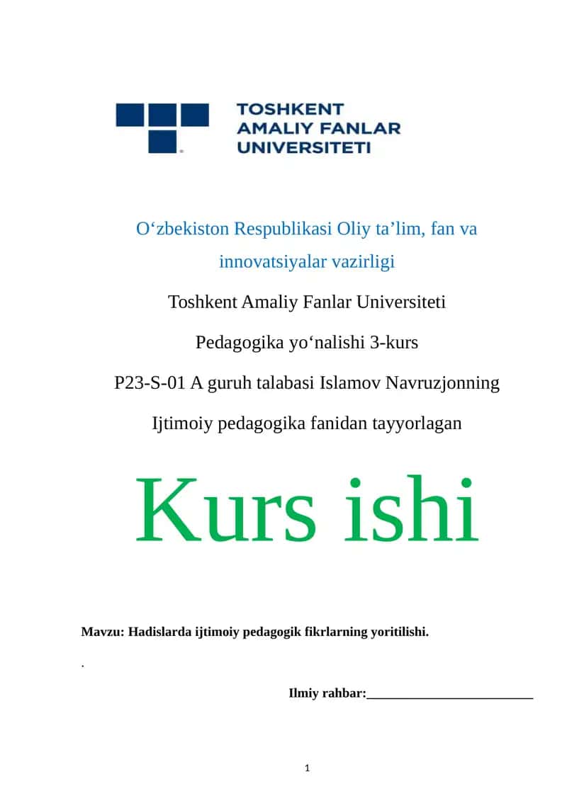 Hadislarda ijtimoiy pedagogik fikrlarning yoritilishi