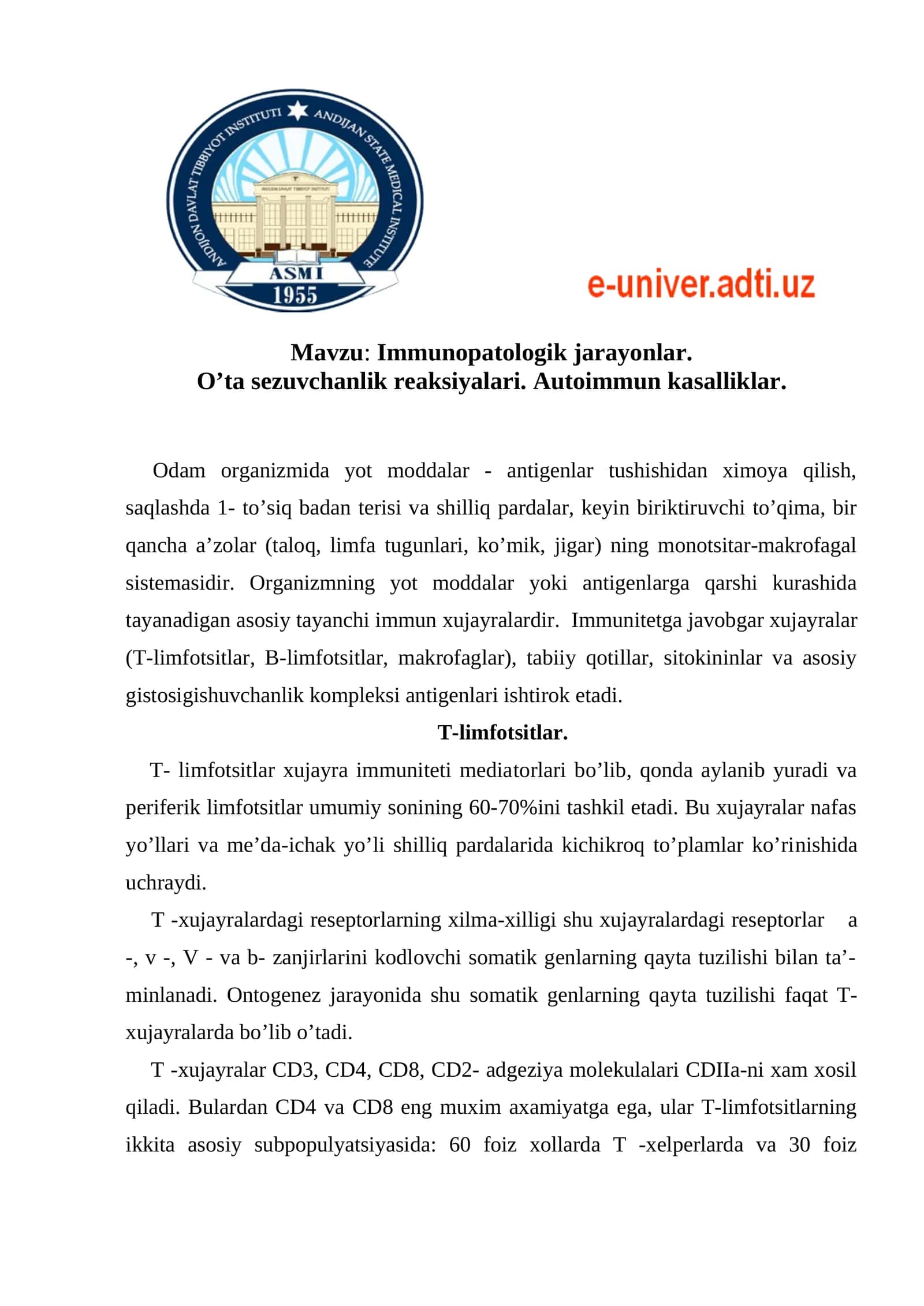 Immunоpatologik jarayonlar. O’ta sezuvchanlik reaksiyalari. Autoimmun kasalliklar