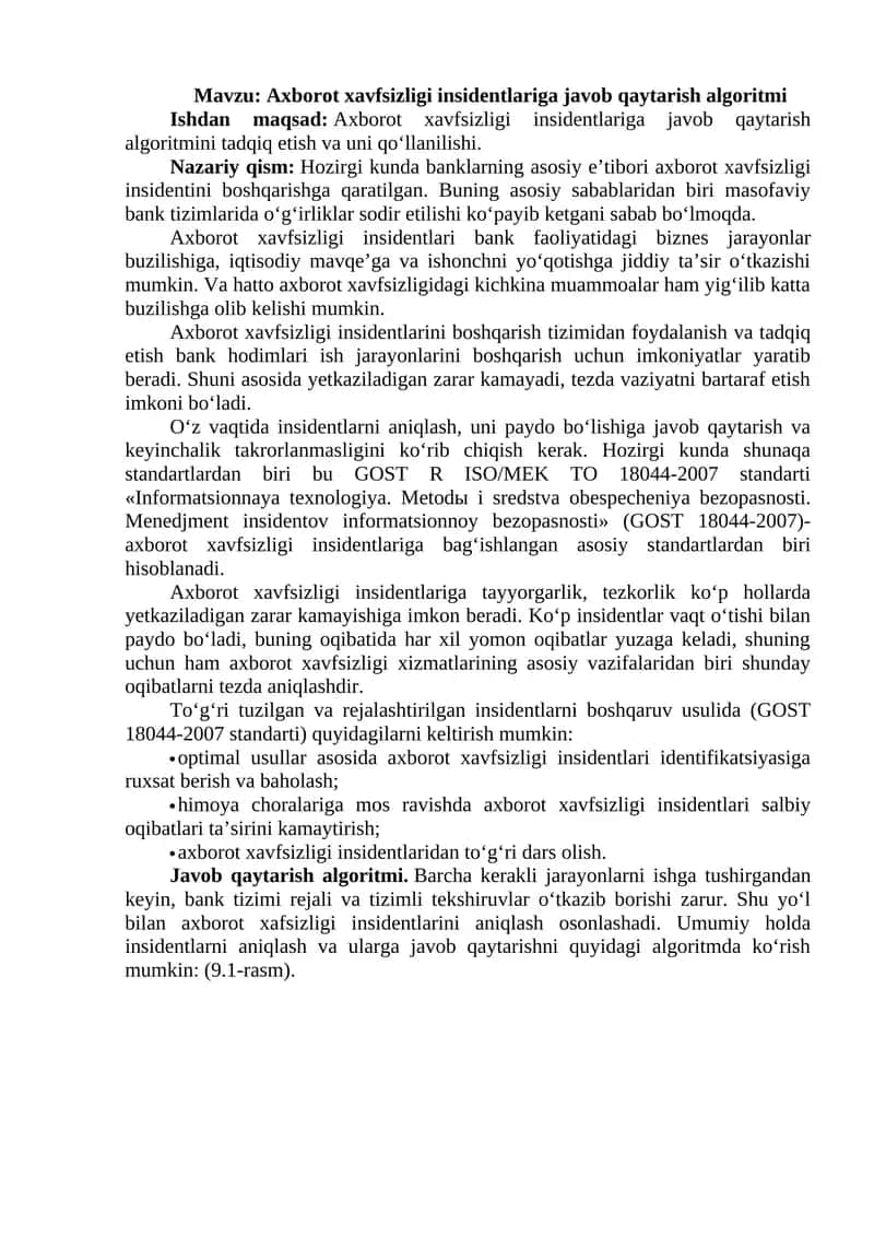Axborot xavfsizligi insidentlariga javob qaytarish algoritmi
