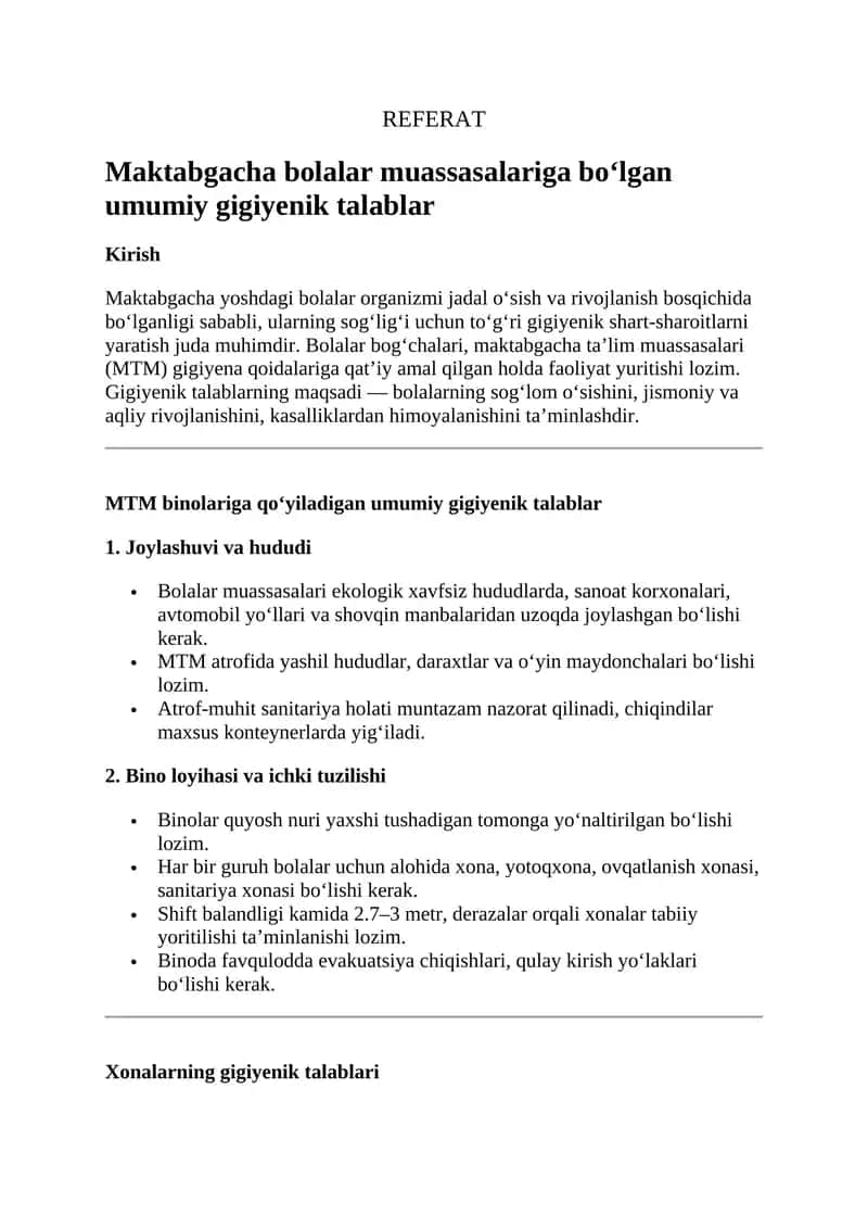 Maktabgacha bolalar muassasalariga bo‘lgan umumiy gigiyenik talablar