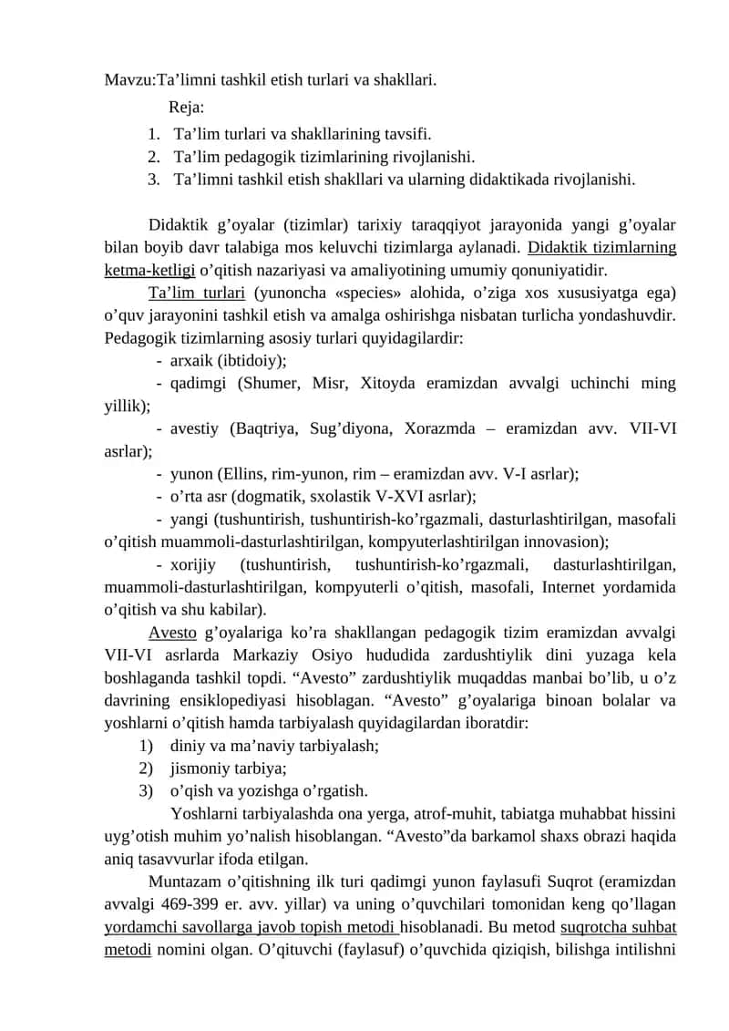 Ta’lim tashkil etish turlari va shakllari
