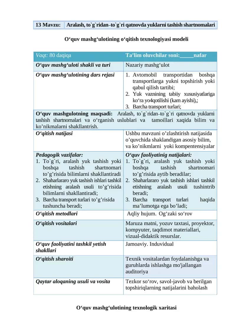 Aralash, to`g`ridan–to`g`ri qatnovda yuklarni tashish shartnomalari