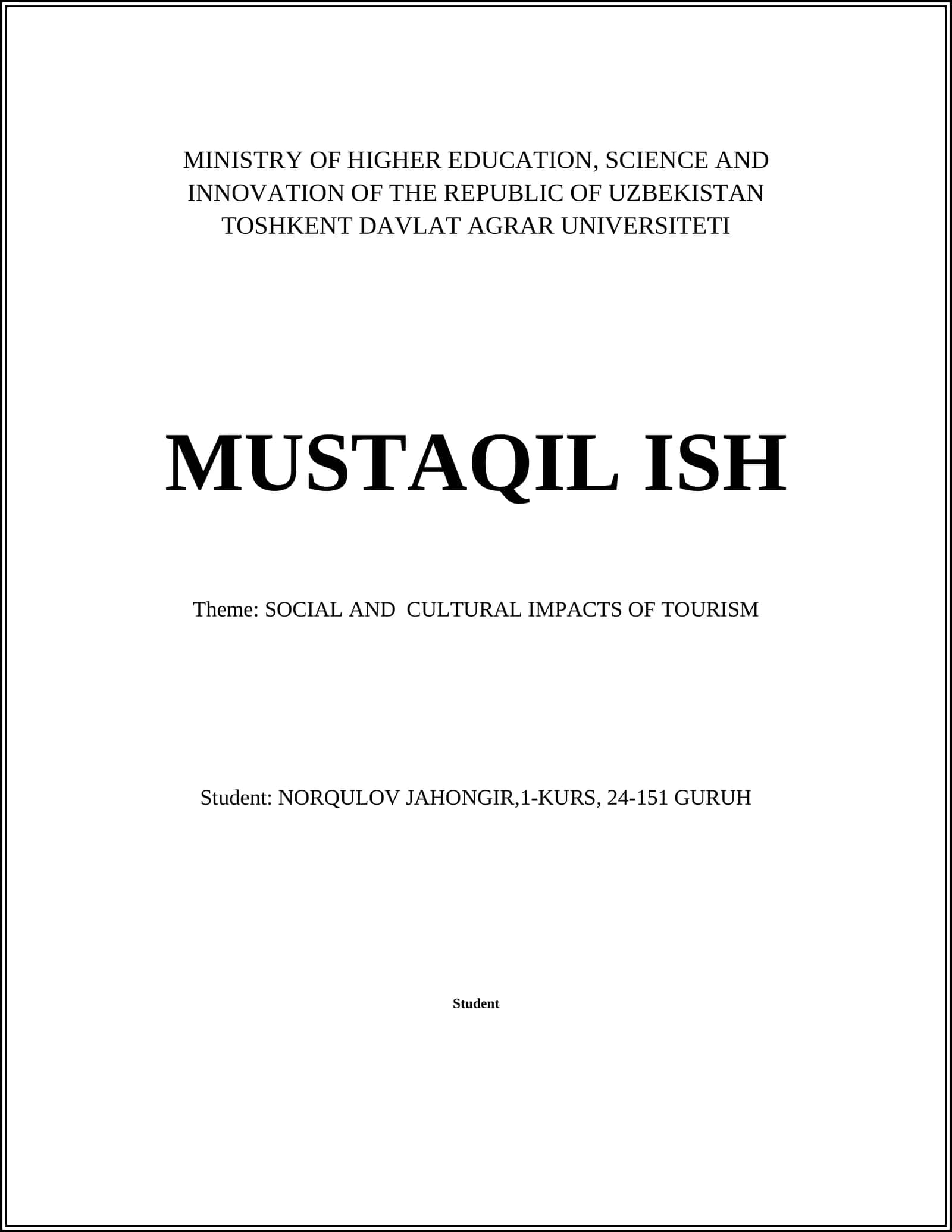SOCIAL AND CULTURAL IMPACTS OF TOURISM
