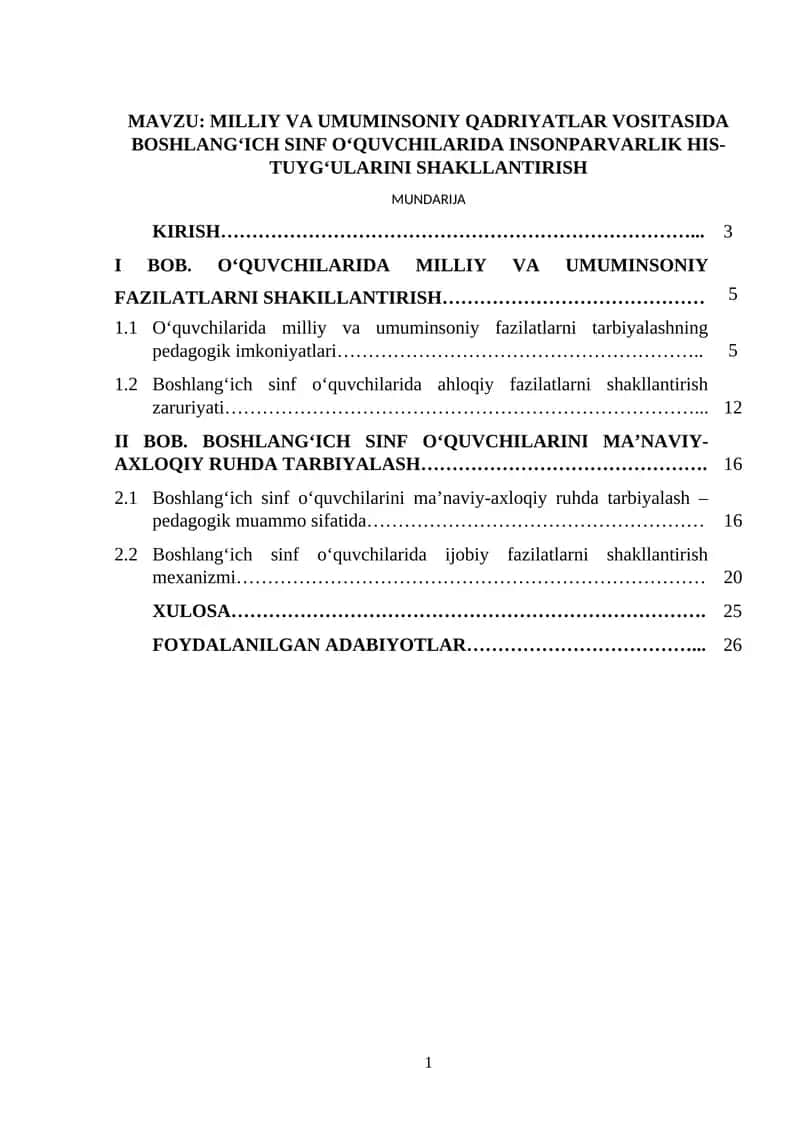 MILLIY VA UMUMINSONIY QADRIYATLAR VOSITASIDA BOSHLANG‘ICH SINF O‘QUVCHILARIDA INSONPARVARLIK HIS-TUYG‘ULARINI SHAKLLANTIRISH