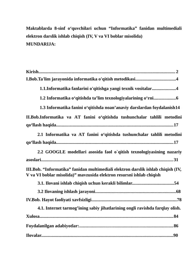 "Informatika" fanidan multimediali elektron darslik ishlab chiqish (IV, V va VI boblar misolida)