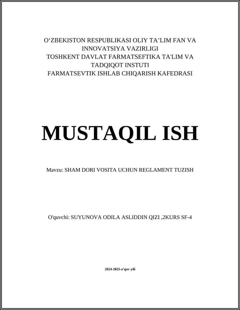 SHAM DORI VOSITA UCHUN REGLAMENT TUZISH