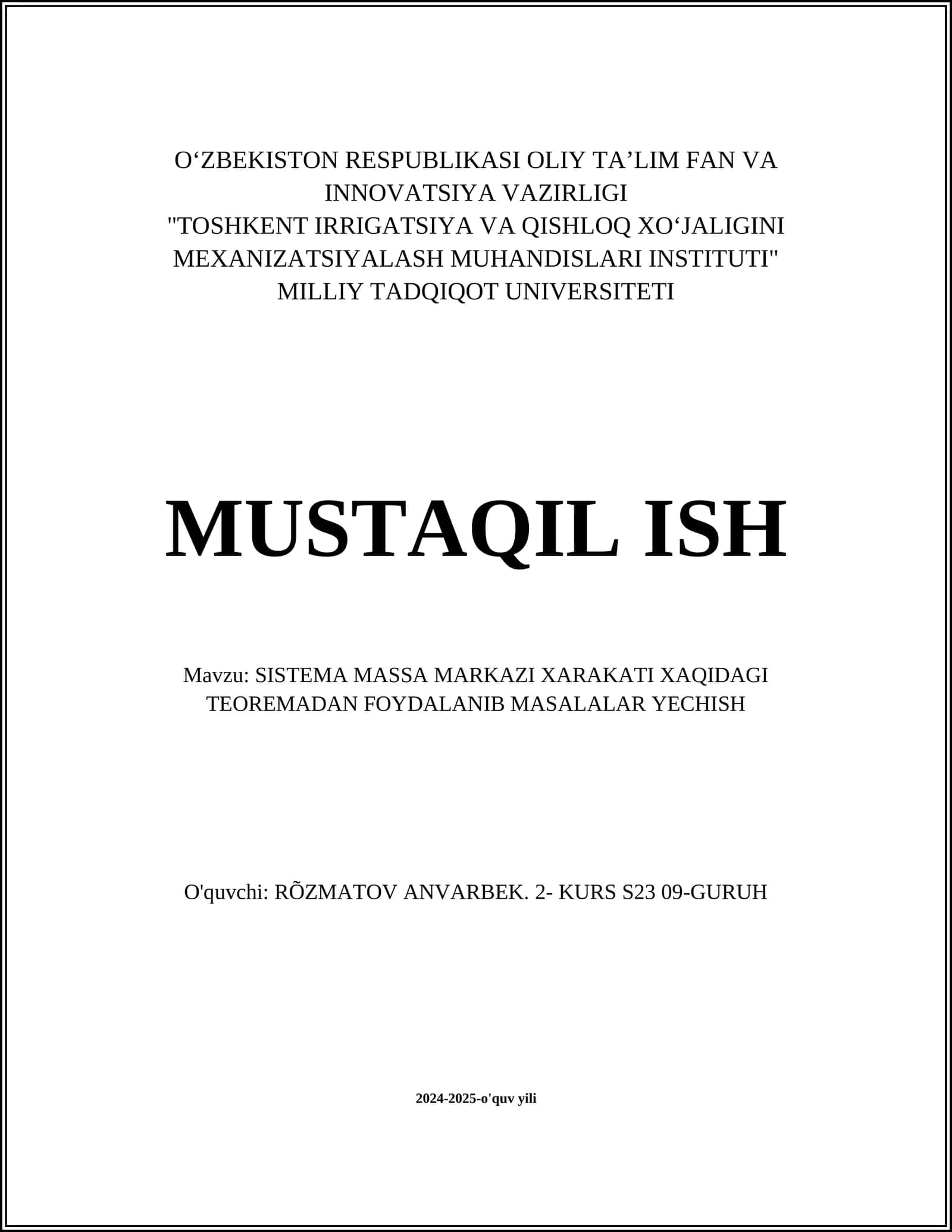 SISTEMA MASSA MARKAZI XARAKATI XAQIDAGI TEOREMADAN FOYDALANIB MASALALAR YECHISH