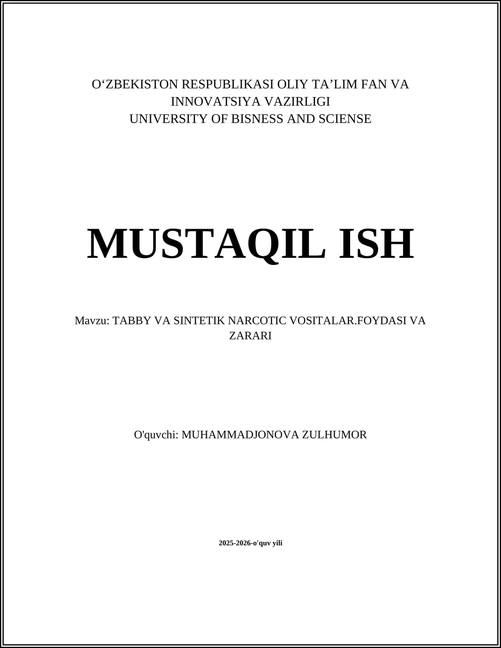 TABBY VA SINTETIK NARCOTIC VOSITALAR.FOYDASI VA ZARARI