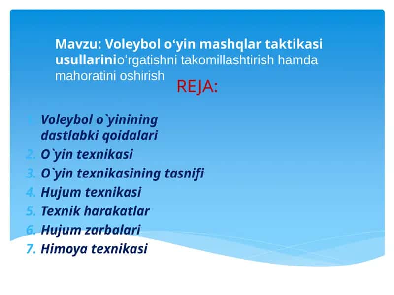 Voleybol oʻyin mashqlar taktikasi usullarinioʻrgatishni takomillashtirish hamda mahoratini oshirish