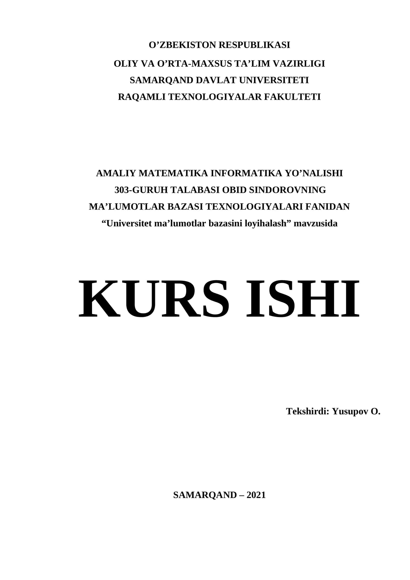 "Ma'lumotlar bazasini loyihalash" kurs ishi