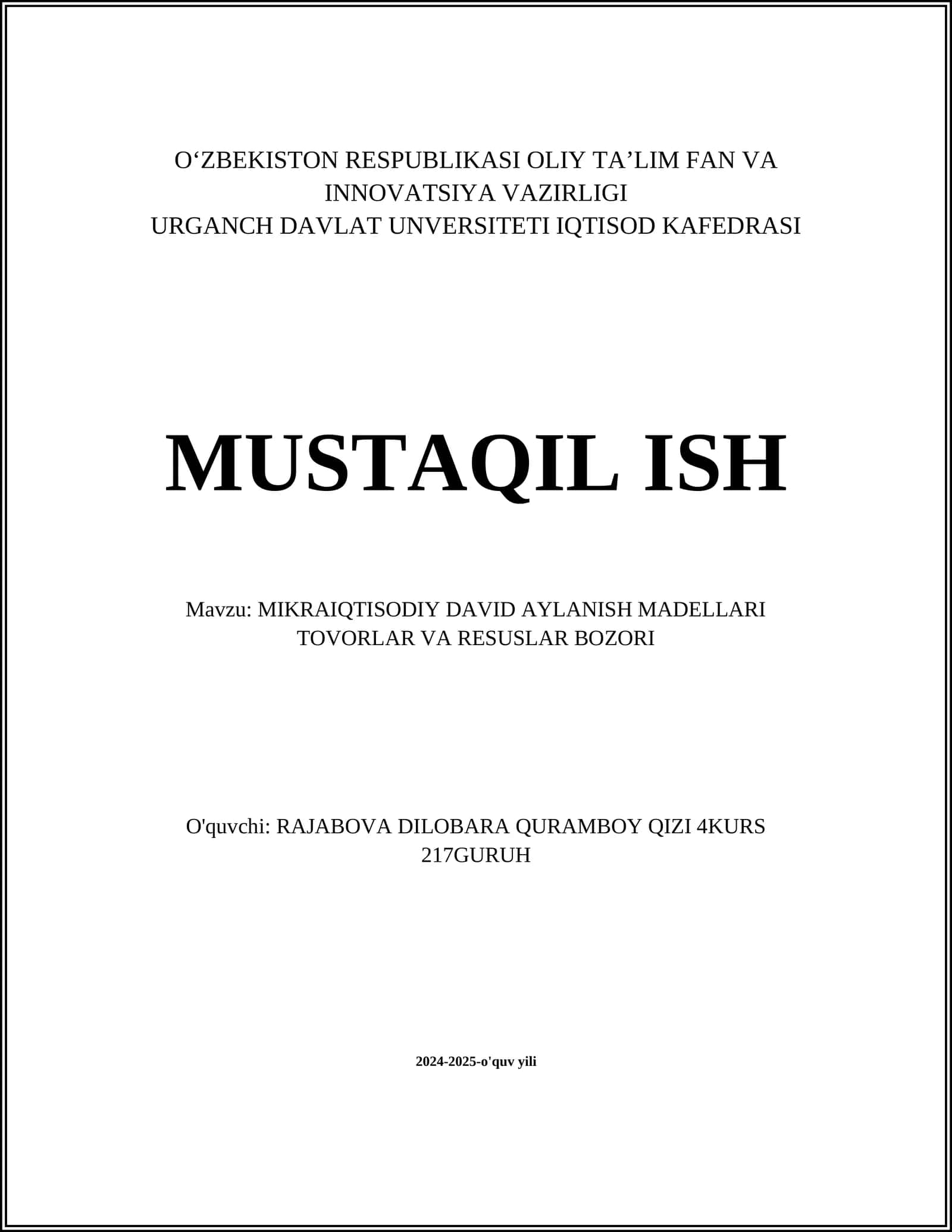 MIKRAIQTISODIY DAVID AYLANISH MADELLARI TOVORLAR VA RESUSLAR BOZORI