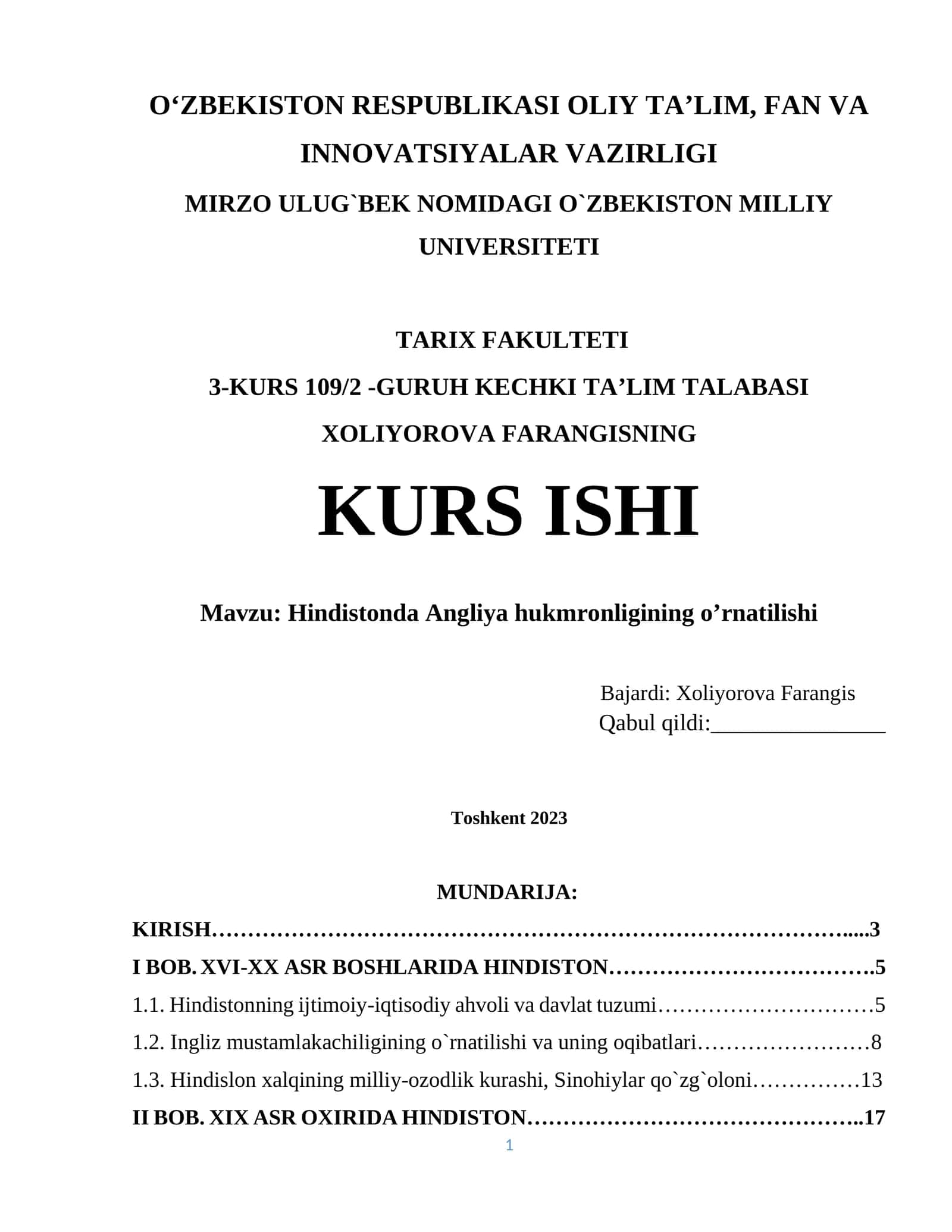 Hindistonda Angliya hukmronligining o’rnatilishi
