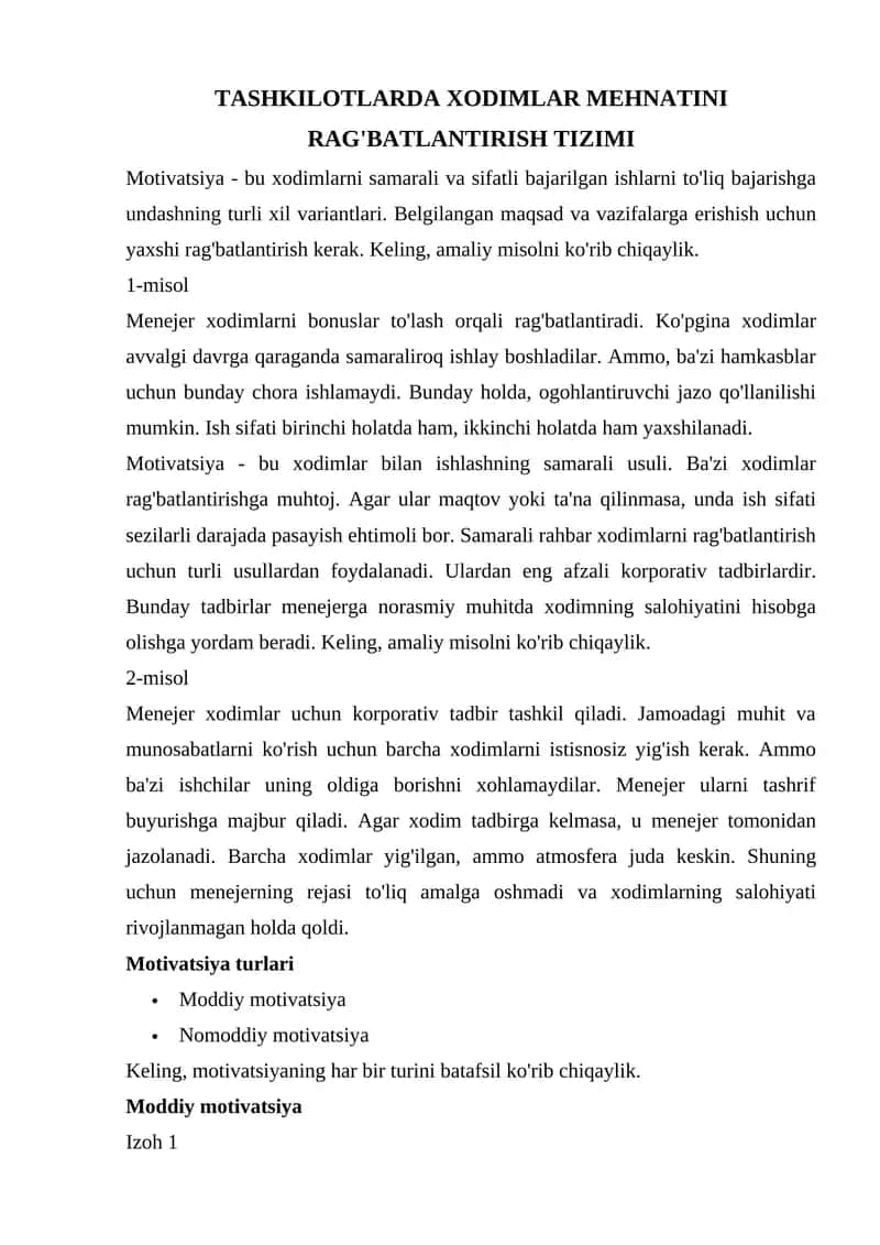 TASHKILOTLARDA XODIMLAR MEHNATINI RAG'BATLANTIRISH TIZIMI