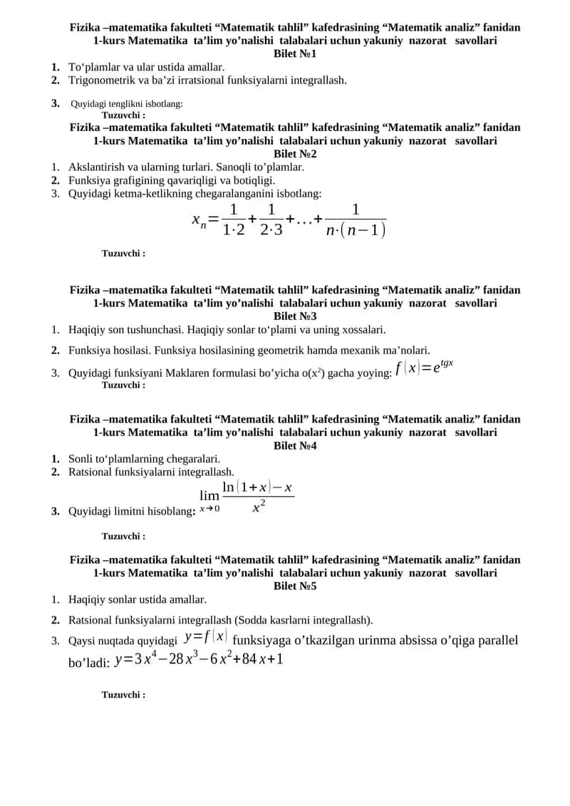 Matematik Tahlil Kafedrasi 1-kurs