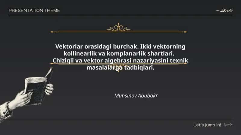 Vektorlar orasidagi burchak. Ikki vektorning kollinearlik va komplanarlik shartlari. Chiziqli va vektor algebrasi nazariyasini texnik masalalarga tadbiqlari.