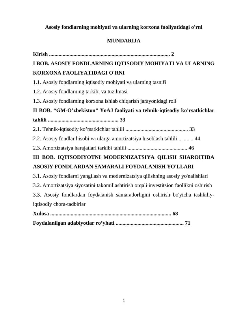 Asosiy fondlarning mohiyati va ularning korxona faoliyatidagi o'rni