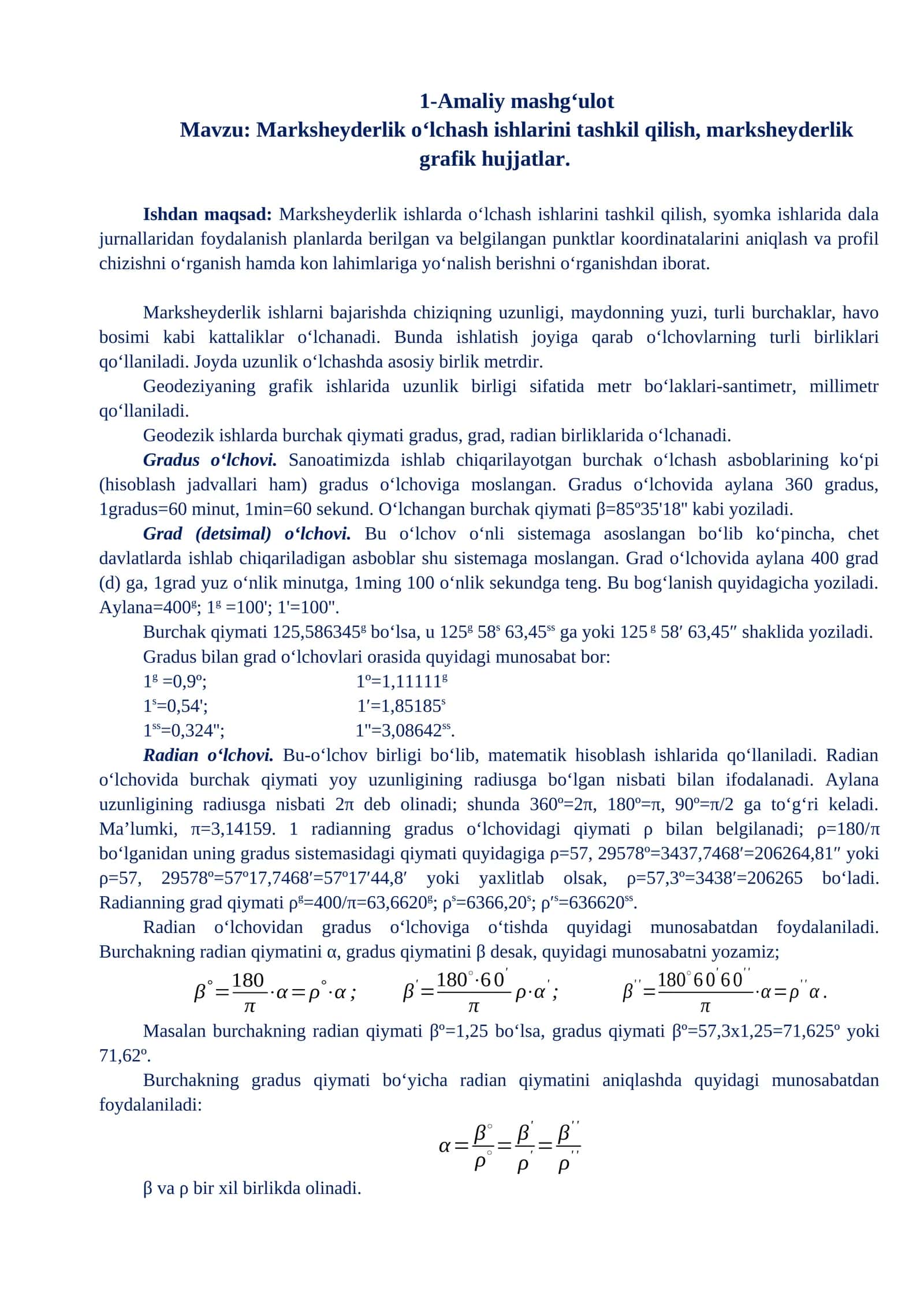 Marksheyderlik o‘lchash ishlarini tashkil qilish