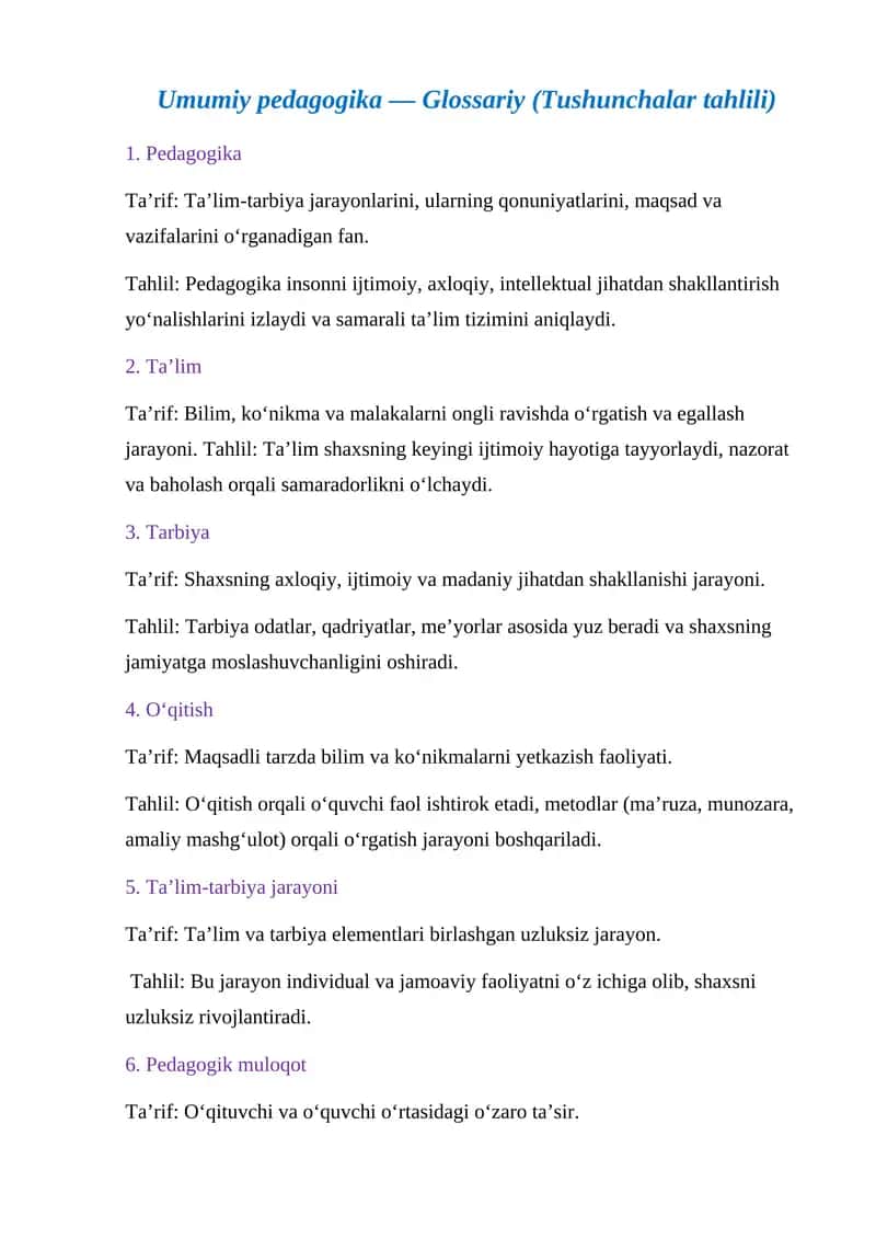 Umumiy pedagogika — Glossariy (Tushunchalar tahlili)