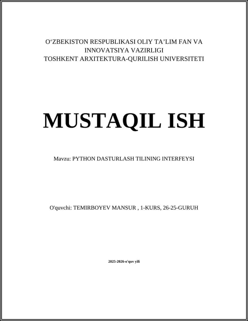 PYTHON DASTURLASH TILINING INTERFEYSI