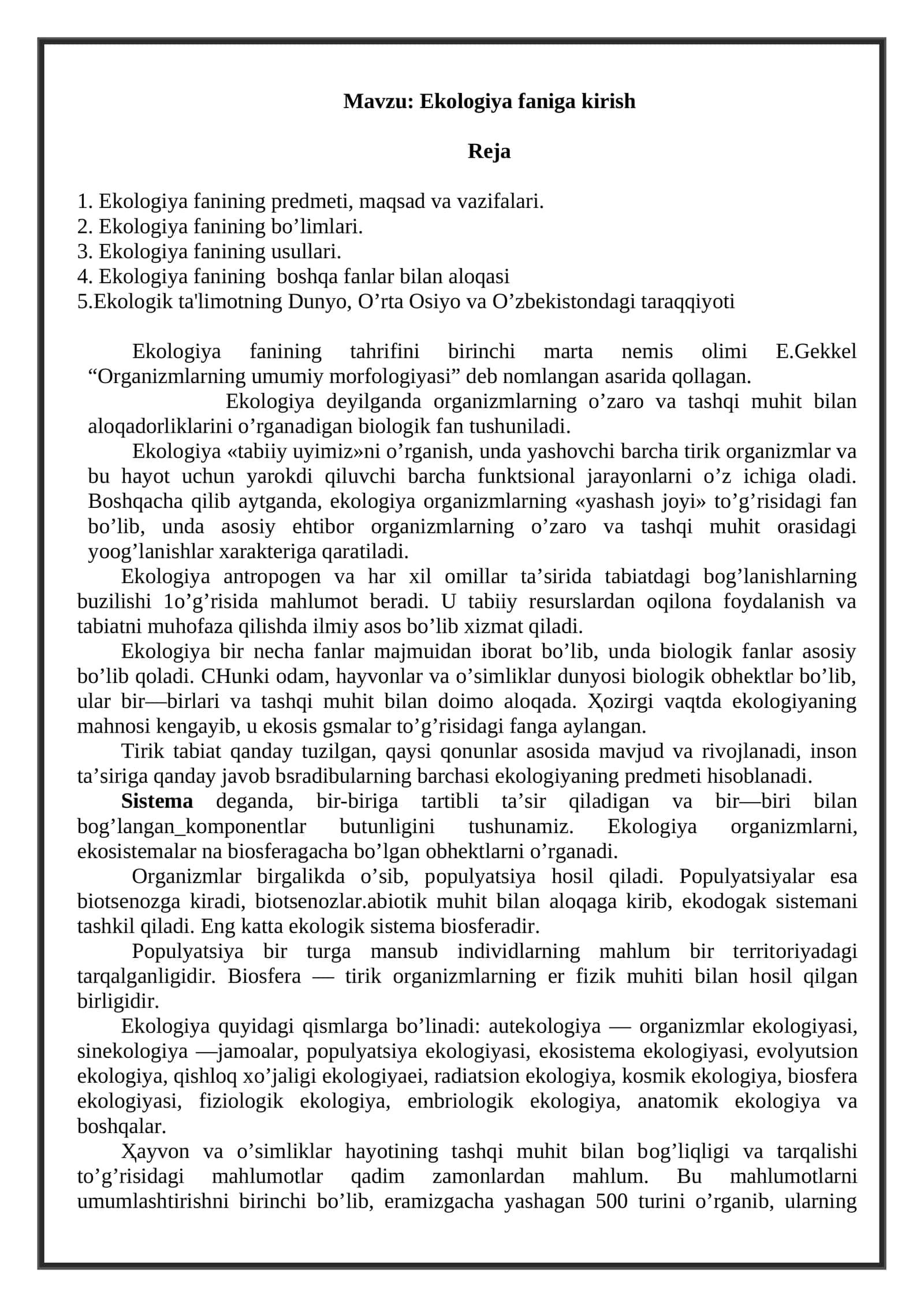 Ekоlоgiya faniga kirish