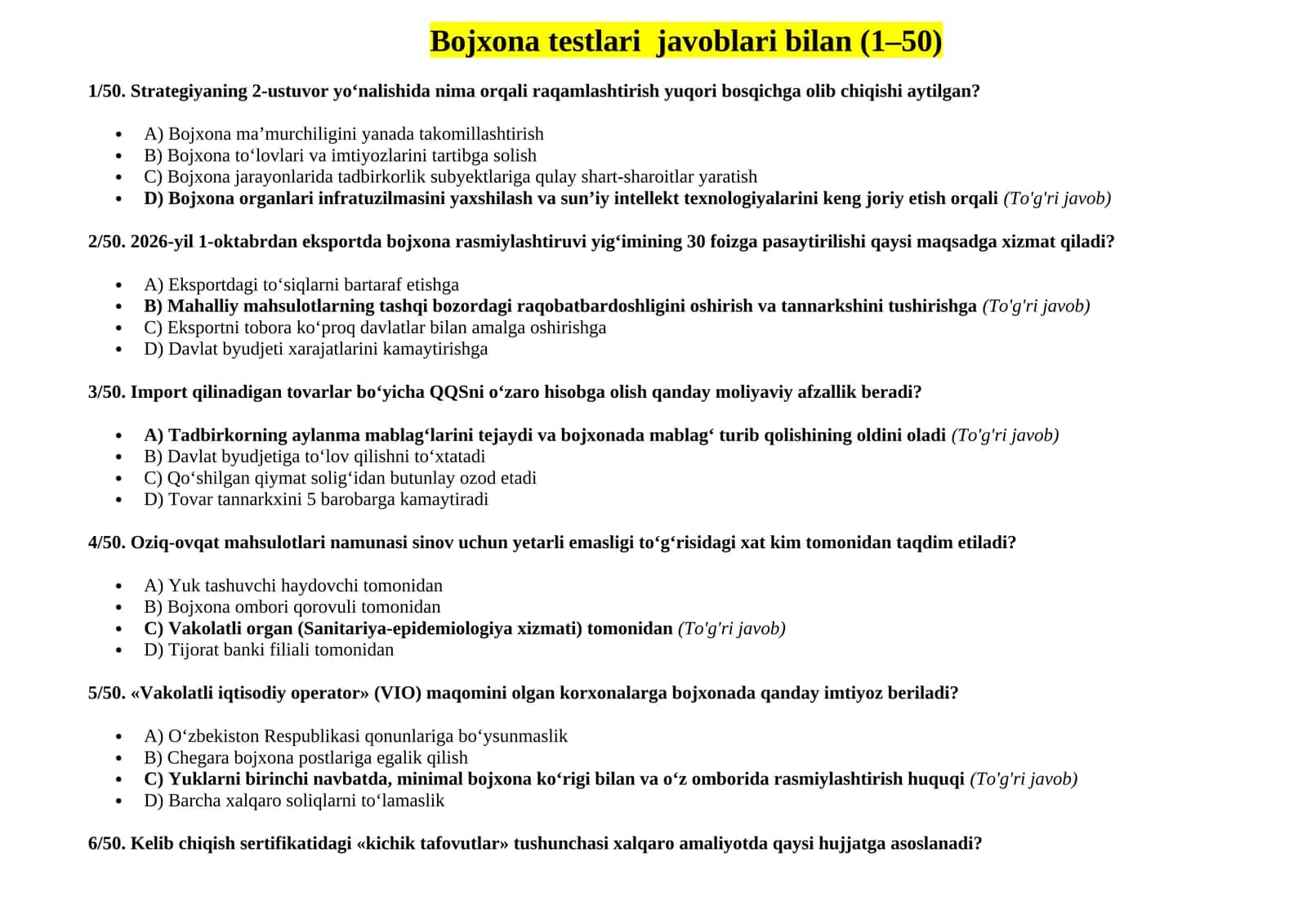 Bojxona testlari javoblari bilan (1–50)