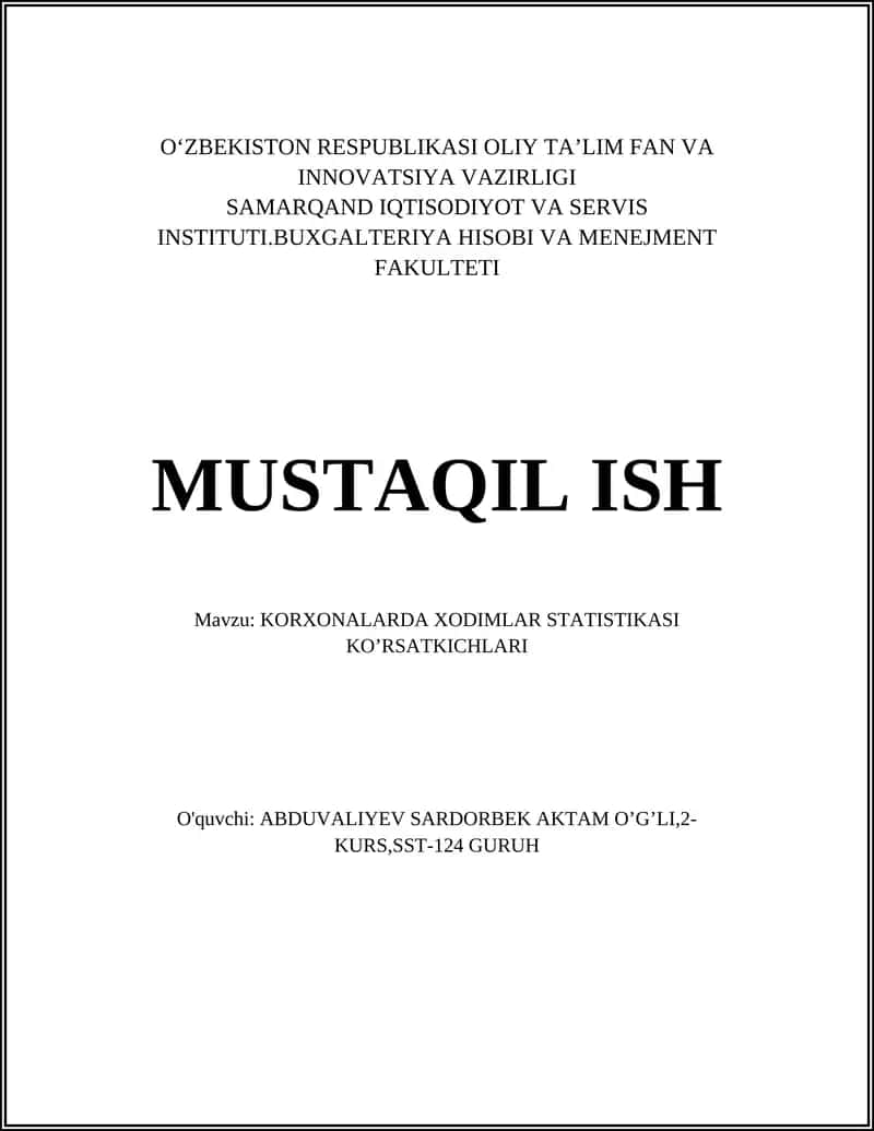 Korxonalarda Xodimlar Statistikasi Ko’rsatkichlari