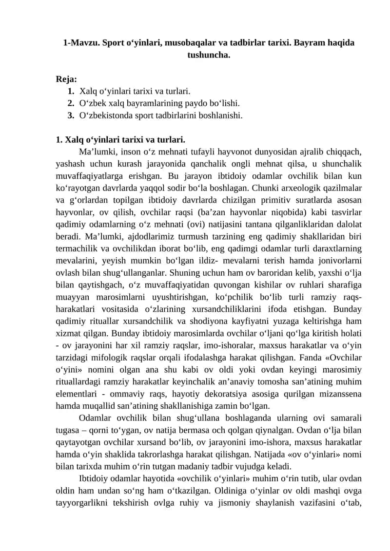 Sport o‘yinlari, musobaqalar va tadbirlar tarixi