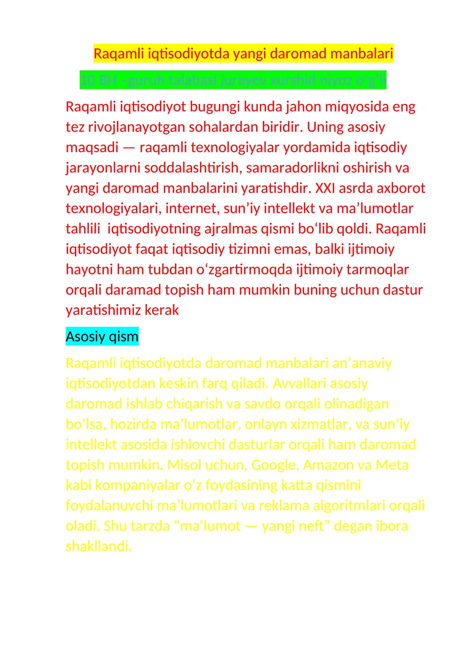 Raqamli iqtisodiyotda yangi daromad manbalari