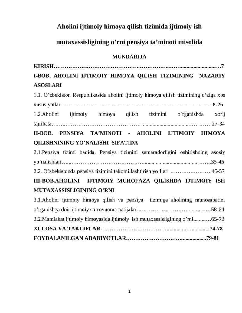 Aholini ijtimoiy himoya qilish tizimida ijtimoiy ish mutaxassisligining o’rni pensiya ta’minoti misolida