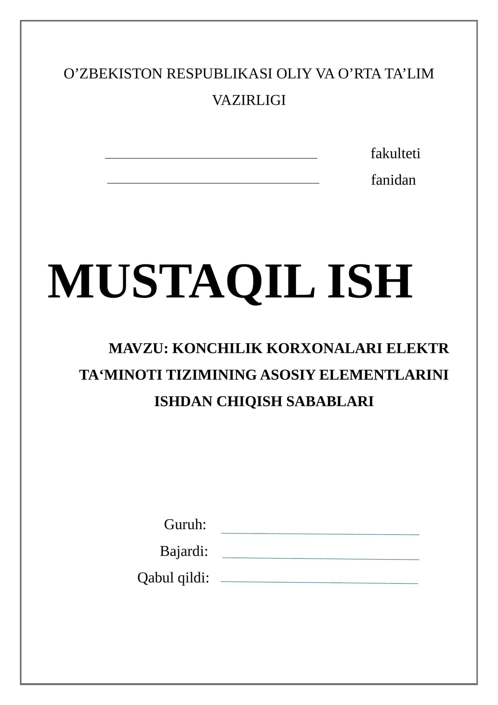 Konchilik korxonalari elektr ta'minoti tizimining asosiy elementlarini ishdan chiqish sabablari