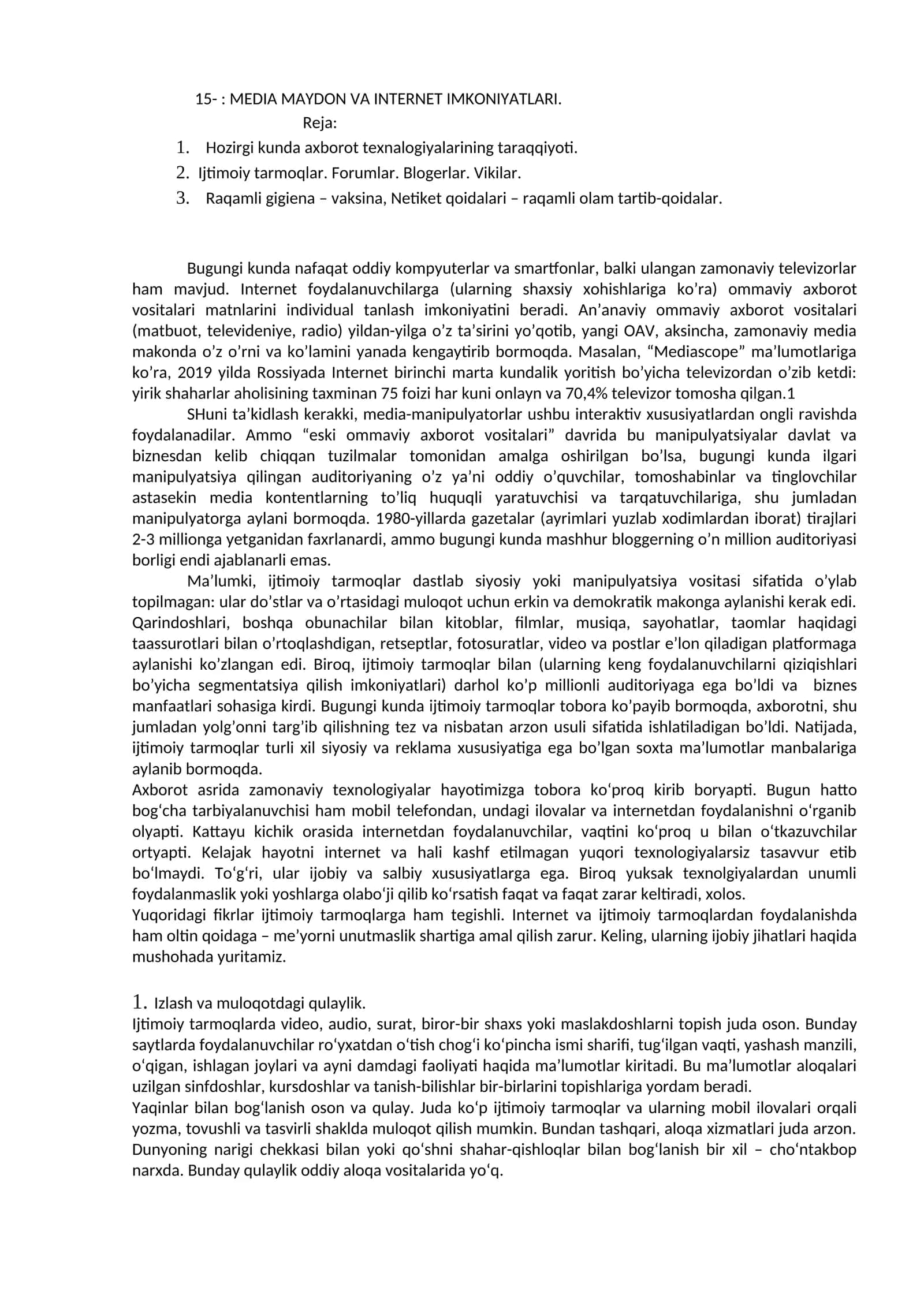 MEDIA MAYDON VA INTERNET IMKONIYATLARI