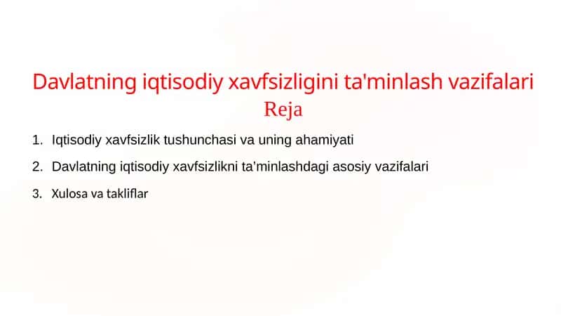Davlatning iqtisodiy xavfsizligini ta'minlash vazifalari