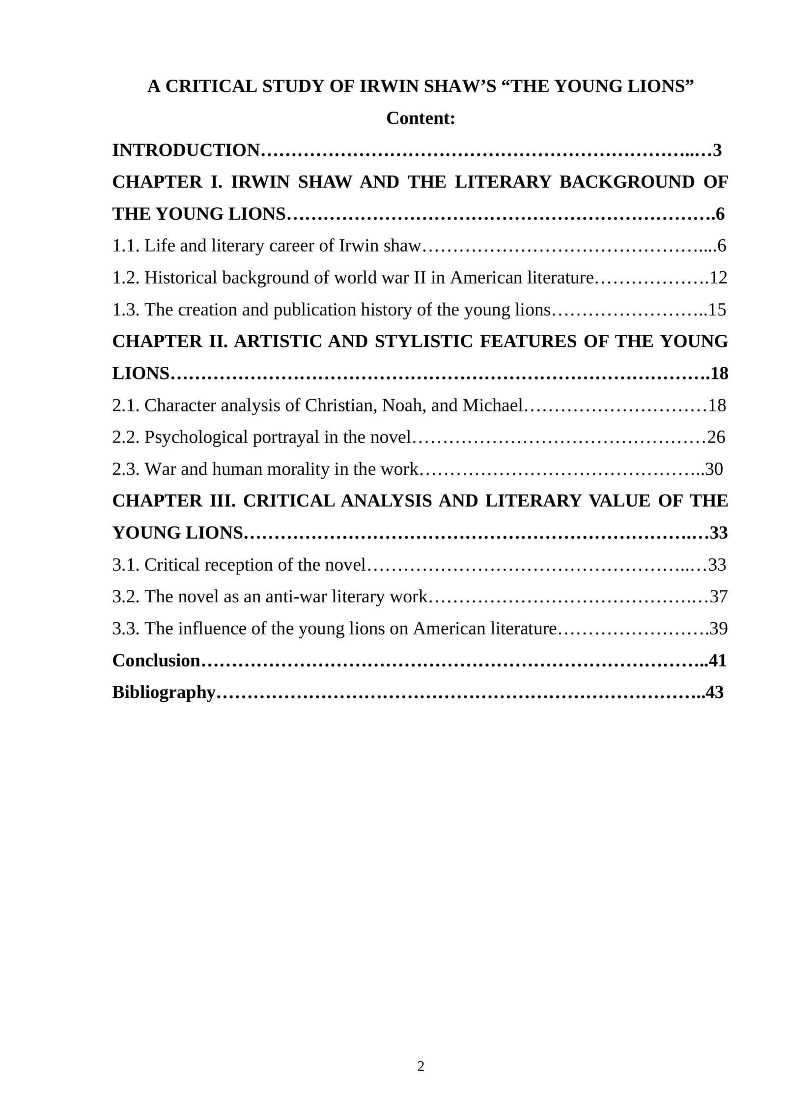 CRITICAL STUDY OF IRWIN SHAW'S “THE YOUNG LIONS”