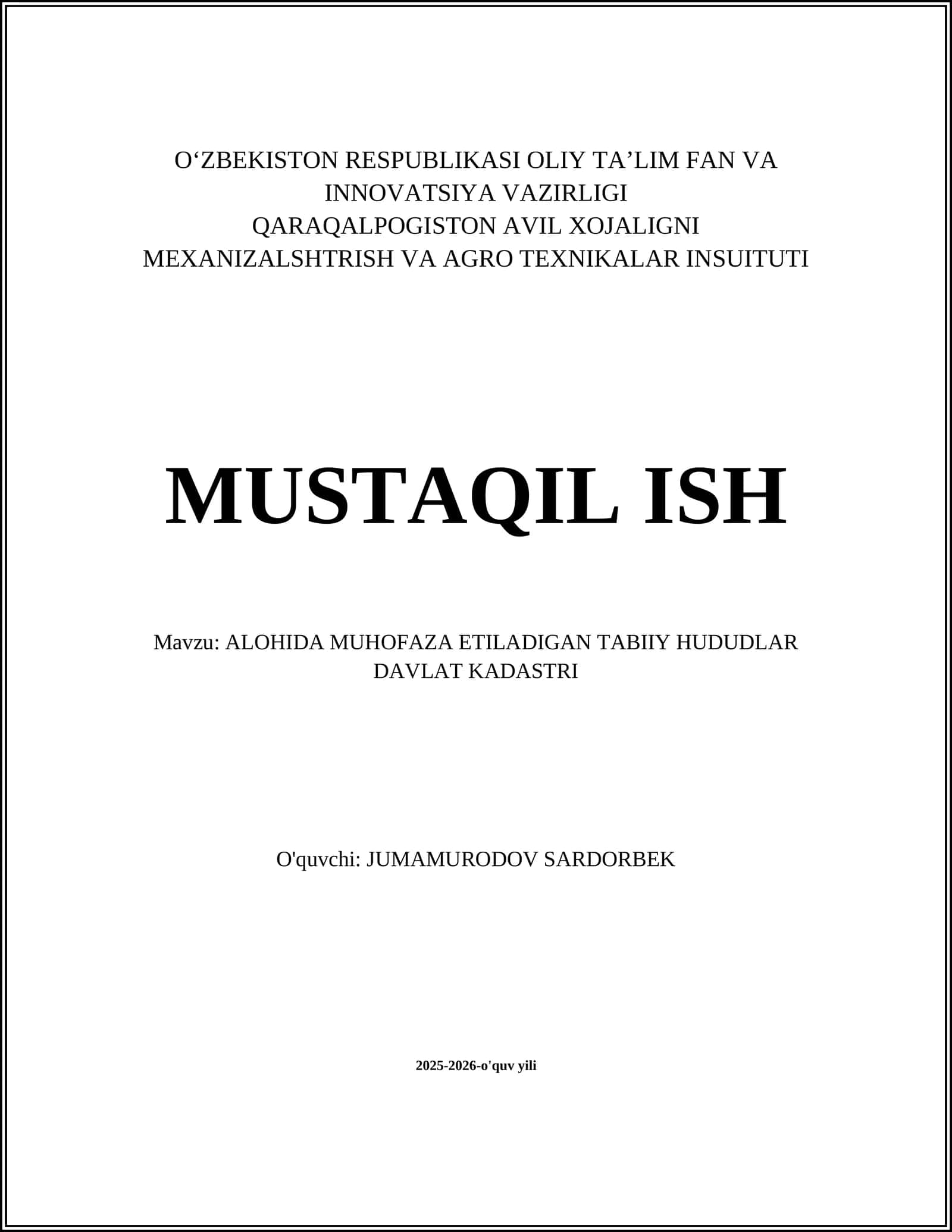 ALOHIDA MUHOFAZA ETILADIGAN TABIIY HUDUDLAR DAVLAT KADASTRI