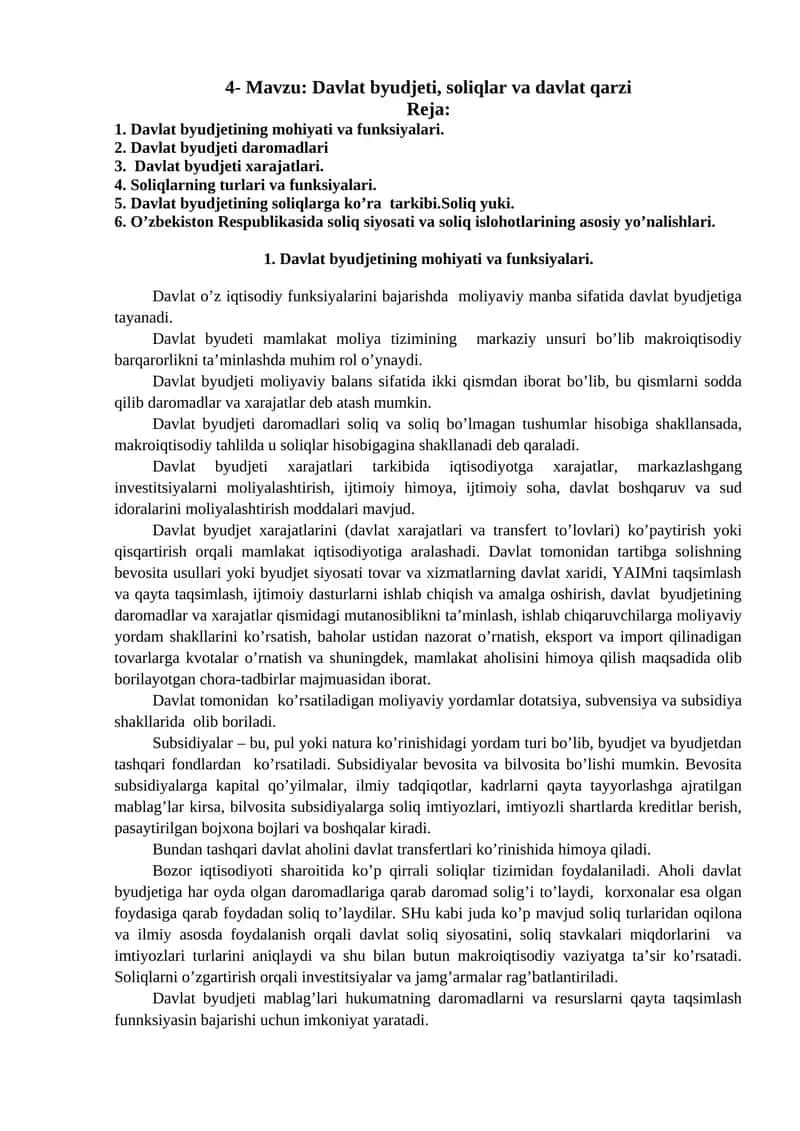 Davlat byudjeti, soliqlar va davlat qarzi