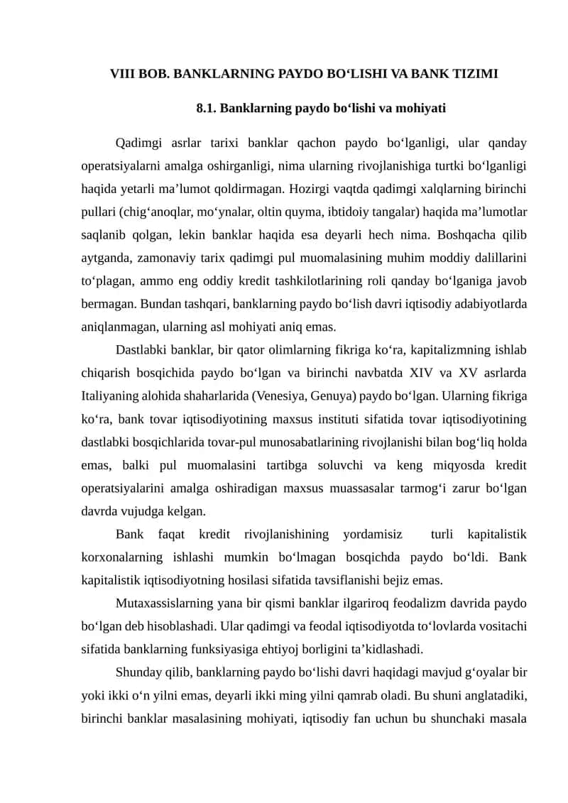 BANKLARNING PAYDO BO‘LISHI VA BANK TIZIMI