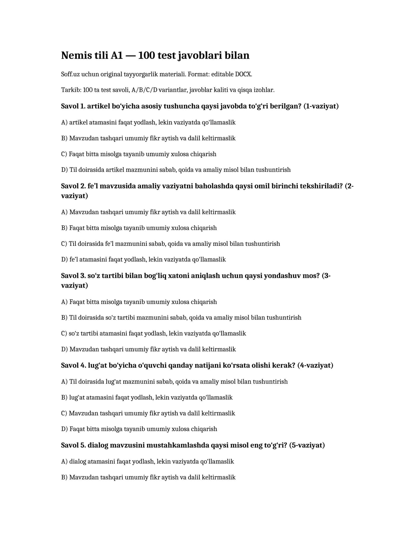 Nemis tili A1 — 100 test javoblari bilan