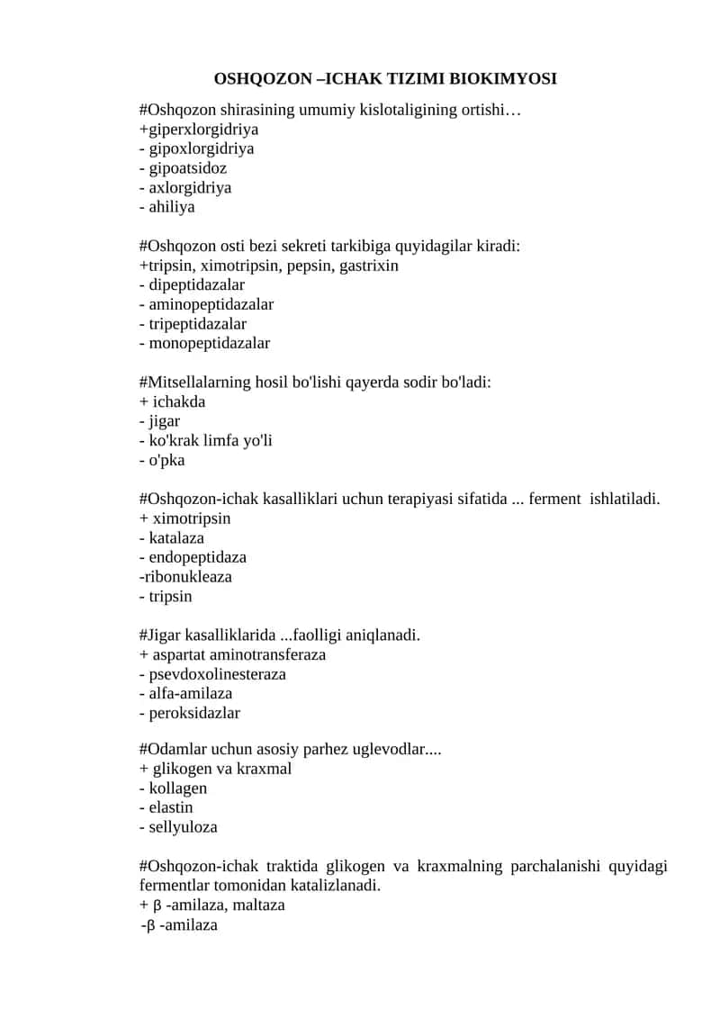 OSHQOZON –ICHAK TIZIMI BIOKIMYOSI