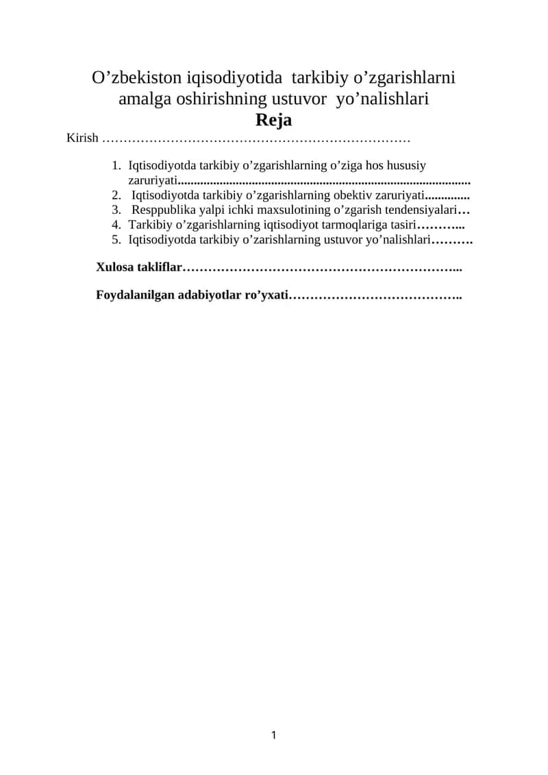Tarkibiy o‘zgarishlar iqtisodiyotning ustuvor yo’nalishlari
