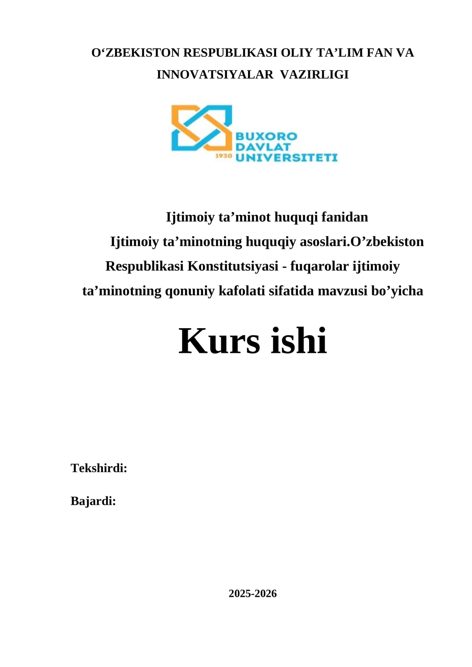 Ijtimoiy ta’minotning huquqiy asoslari. O’zbekiston Respublikasi Konstitutsiyasi